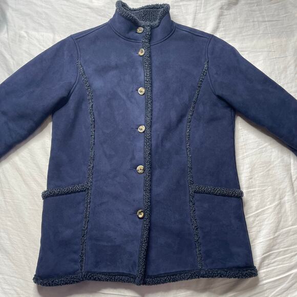L.L. Bean Navy Blue Faux Suede Sherpa Lined Jacket Coat Sz Medium Women's - Picture 2 of 6